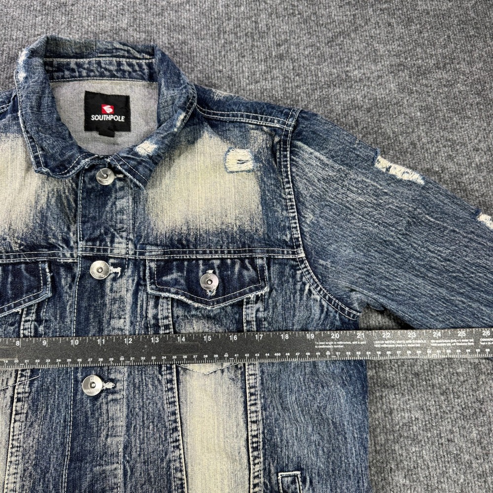 Southpole Denim Jacket Mens L‎ Blue Acid Wash Distressed Button Up Hip Hop - Picture 7 of 8